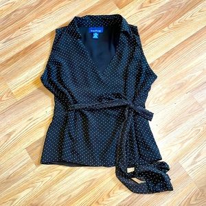 Colored, sleeveless, dress shirt by even Pak is dark chocolate with white dots